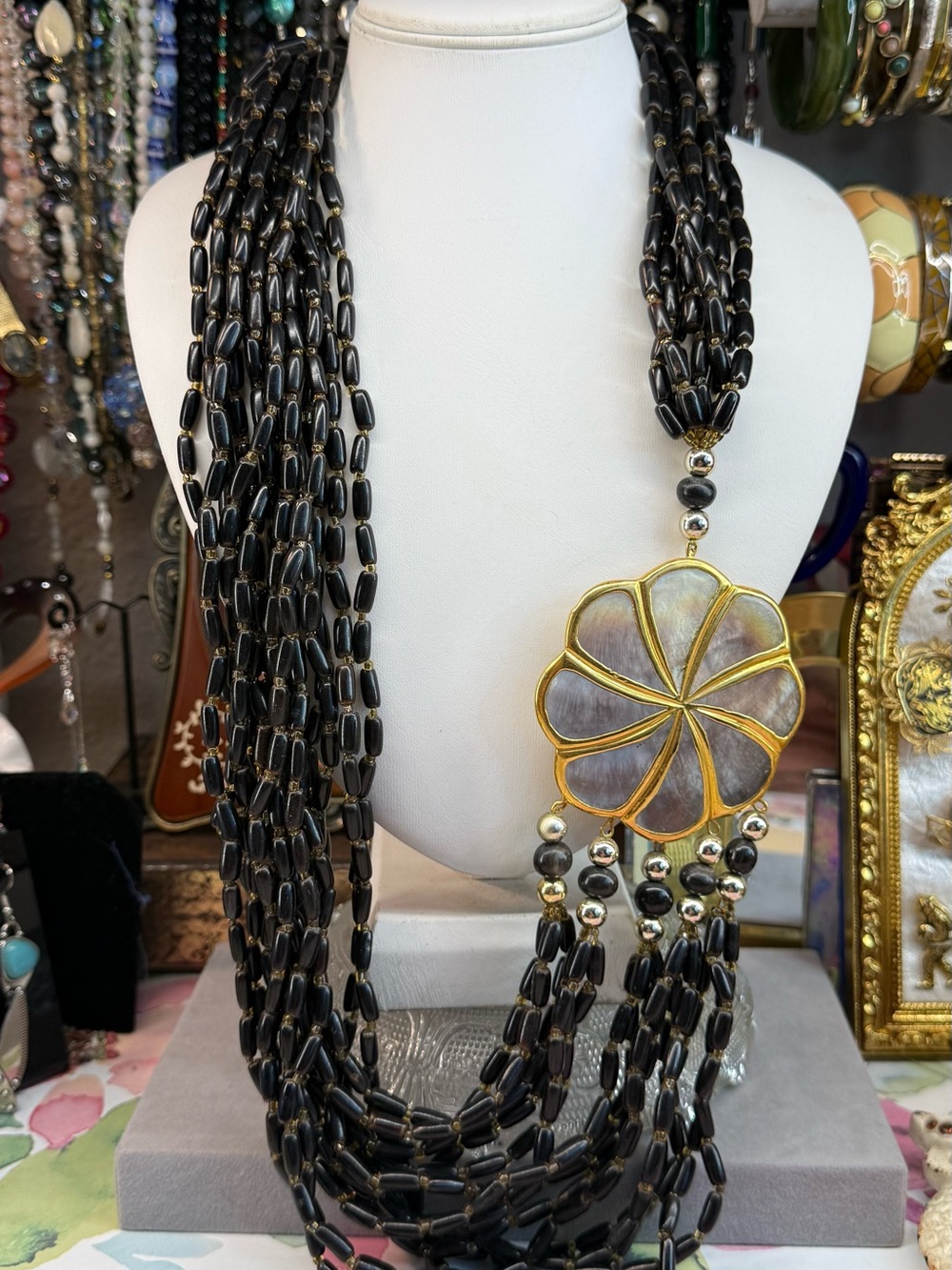 Rare! Vintage Black Bead Necklace with Mother of Pearl Gold Flower Pendant